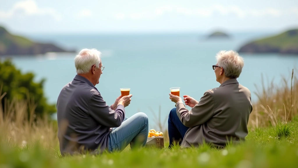 Retired walkers enjoying picnic on grassy knoll with sea views, relaxing after outdoor activity in scenic location